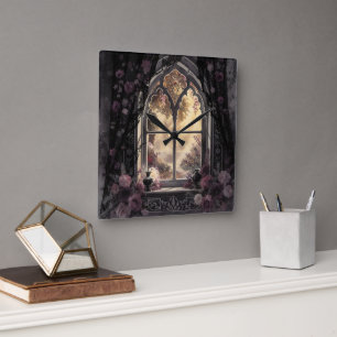 Gothic Cathedral Window Purple Roses Art Square Wall Clock