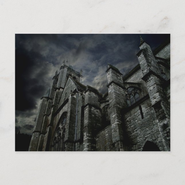 Gothic cathedral with a gloomy dark sky postcard (Front)