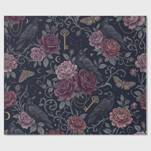 Gothic Celestial Ravens & Burgundy Roses Wrapping Paper
