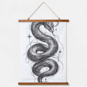 Gothic Celestial Snake Moon & Crystals Line Art Hanging Tapestry