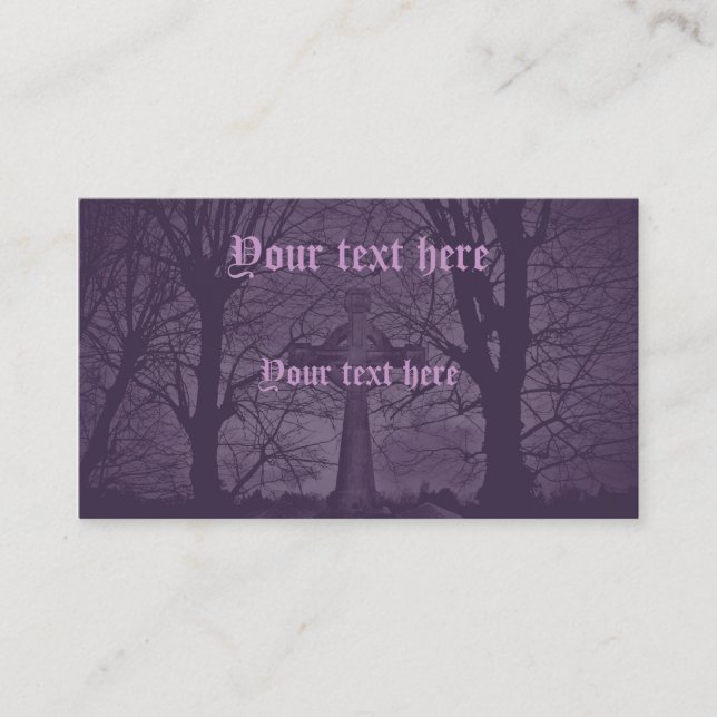 Gothic celtic cross tombstone purple business card (Front)