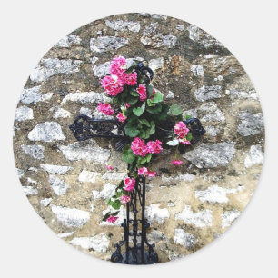 Gothic cemetery cross with flowers classic round sticker