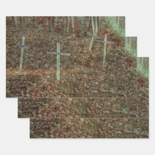 Gothic Cemetery Crosses Brown Autumn Leaves Wrapping Paper Sheet