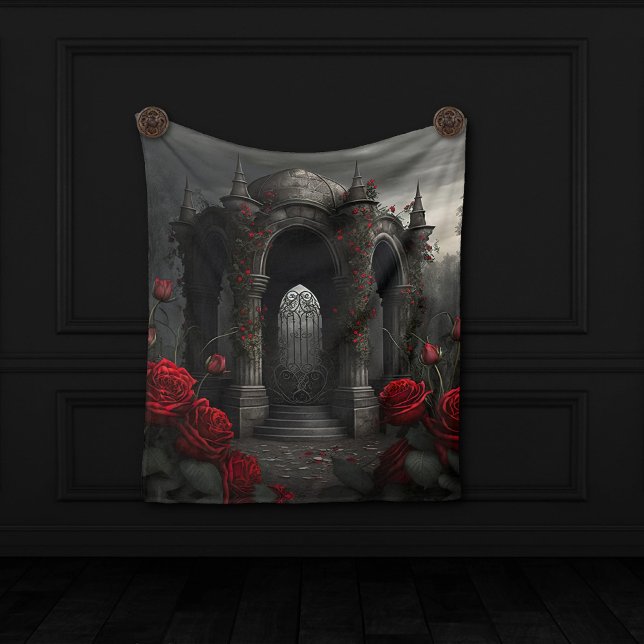 Gothic Cemetery Gazebo with Red Roses at Night Fleece Blanket (Creator Uploaded)