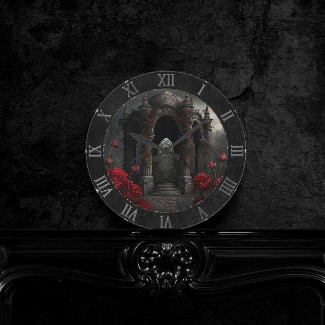Gothic Cemetery Gazebo with Red Roses at Night Round Clock (Creator Uploaded)