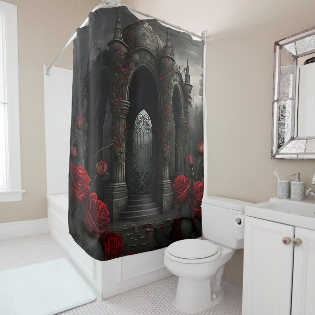 Gothic Cemetery Gazebo with Red Roses at Night Shower Curtain (In Situ)