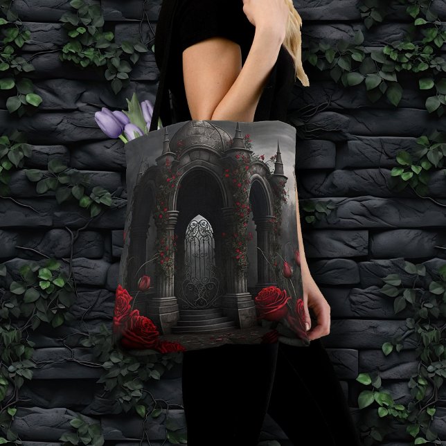 Gothic Cemetery Gazebo with Red Roses at Night Tote Bag (Creator Uploaded)