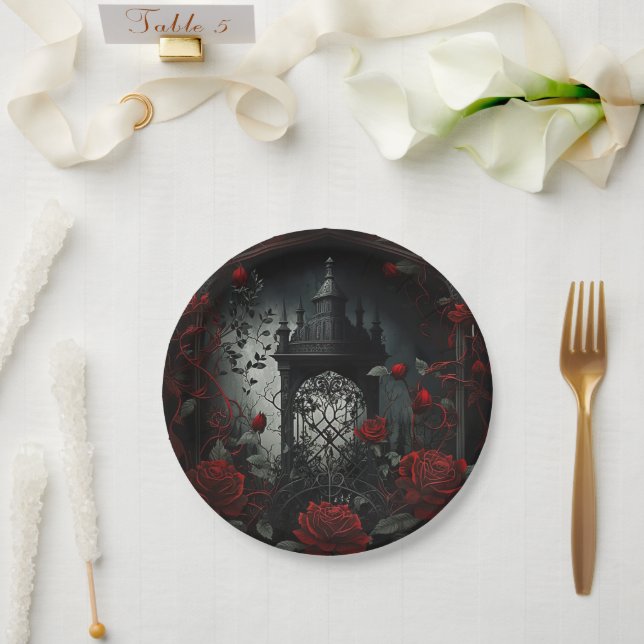 Gothic Cemetery Rose Garden with Red and Black Paper Plate (Wedding)