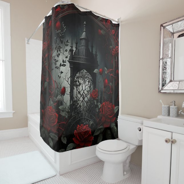 Gothic Cemetery Rose Garden with Red and Black Shower Curtain (In Situ)