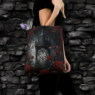 Gothic Cemetery Rose Garden with Red and Black Tote Bag