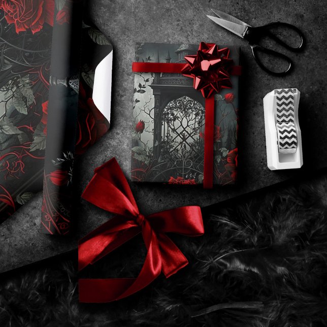 Gothic Cemetery Rose Garden with Red and Black Wrapping Paper (Creator Uploaded)