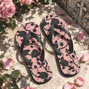 Gothic Cemetery Roses Pink & Black Flip Flops