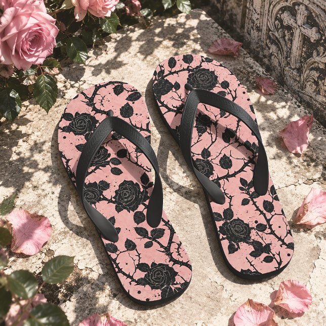 Gothic Cemetery Roses Pink & Black Flip Flops (Creator Uploaded)