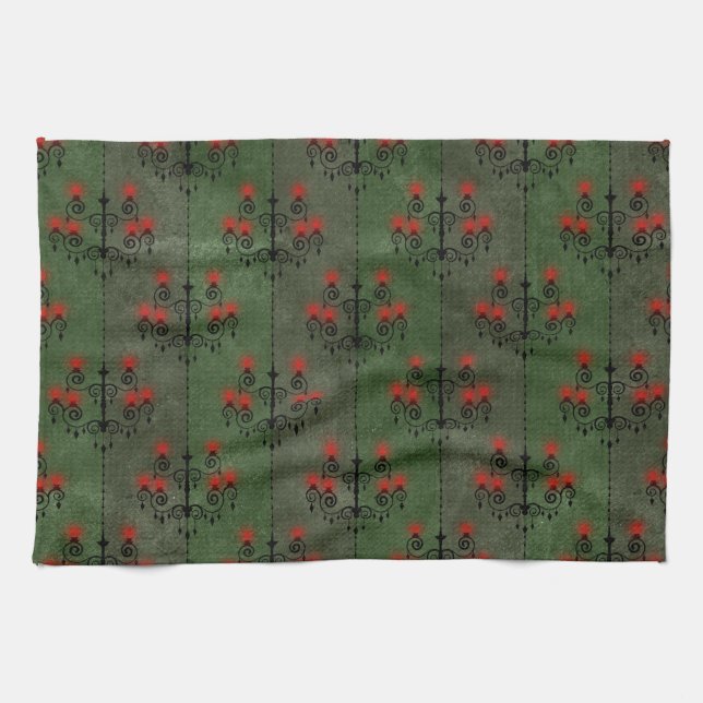 Gothic Chandelier Pattern Holiday Tea Towel (Horizontal)