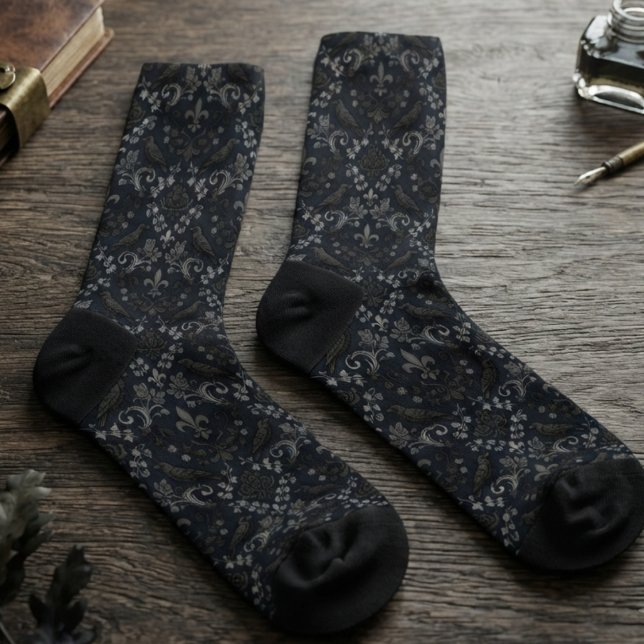 Gothic Charcoal Black Damask Raven Design Socks (Gothic raven damask socks for dark academia fans' daily wear.)