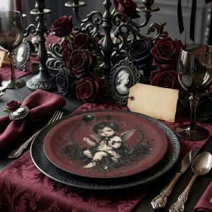 Gothic Cherub Black Rose Dark Romance Paper Plate