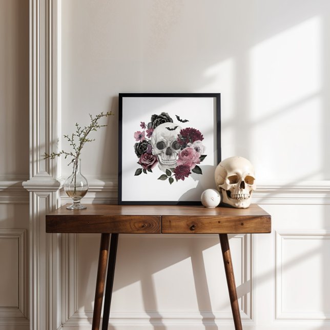 Gothic Chic Watercolor Floral Human Skeleton Skull Poster (Gothic Chic Watercolor Floral Human Skeleton Skull Poster)
