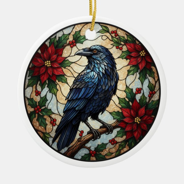 Gothic Christmas Raven Poinsettia Ceramic Ornament (Front)