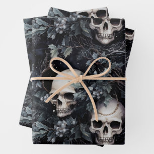 Gothic Christmas Skull & Holly Wrapping Paper Sheet