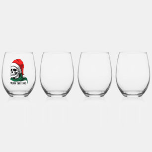 Gothic Christmas Skull with Santa Hat Stemless Wine Glass