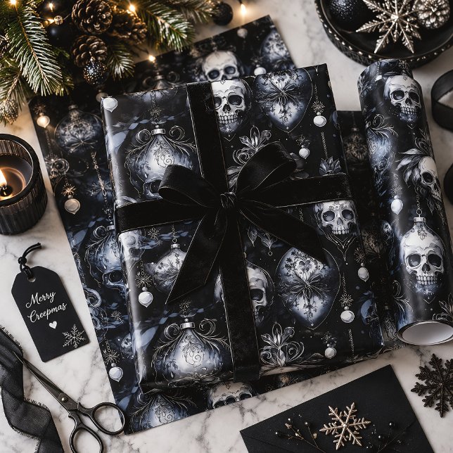 Gothic Christmas Skulls Spooky Wrapping Paper Sheet (Creator Uploaded)