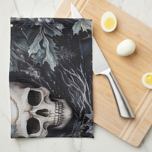 Gothic Christmas Skulls Tea Towel (Quarter Fold)