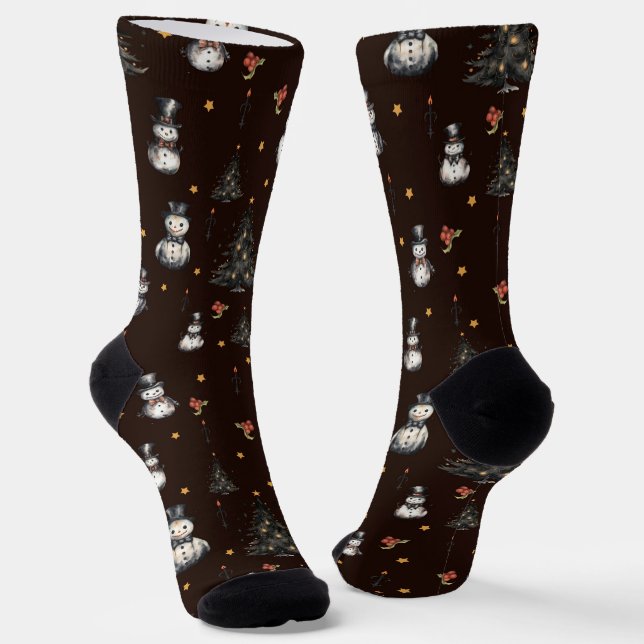 Gothic Christmas Tree Creepy Snowmen Socks (Angled)