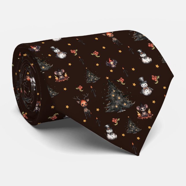 Gothic Christmas Tree Snowman Animals Tie (Rolled)