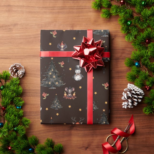 Gothic Christmas Tree Snowman Animals Wrapping Paper (Holiday Gift)