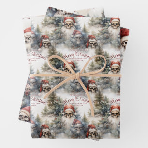 Gothic Christmas Winter Scene Skulls in Santa Hats Wrapping Paper Sheet