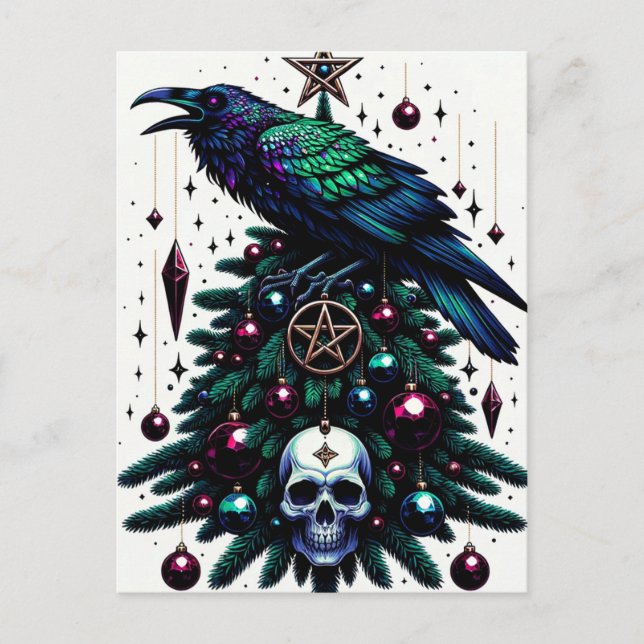 Gothic Christmas/Yule Raven and Pentagram Skull Postcard (Front)