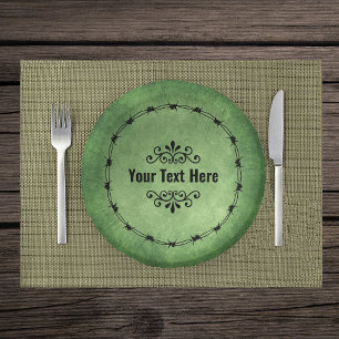 Gothic Circle Black Barbed Wire Scrolls on Green Paper Plate