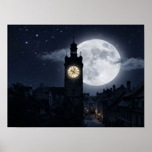 Gothic Clock Tower Under a Giant Full Moon and Sta Poster