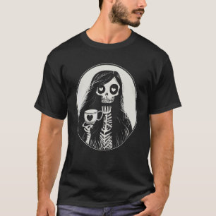 Gothic Coffee Drinking Skeleton Woman T-Shirt
