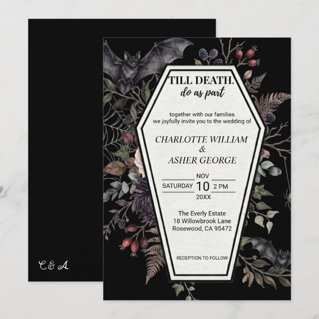Gothic Coffin Bat Halloween Wedding Invitation (Front/Back)
