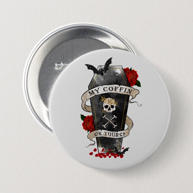 Gothic Coffin & Skull with Red Rose 7.5 Cm Round Badge (Front & Back)