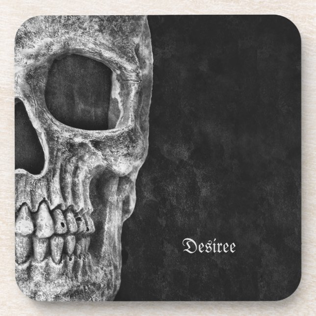 Gothic Cool Half Skull Head Black And White Grunge Coaster (Front)