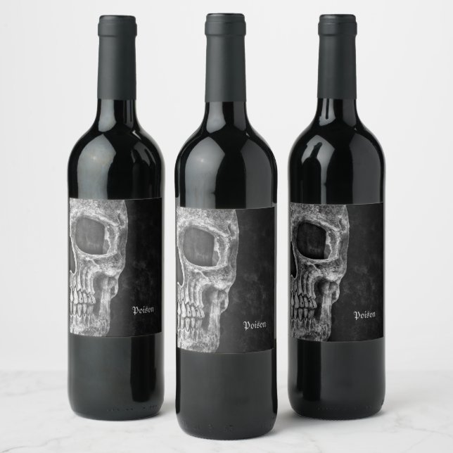 Gothic Cool Half Skull Head Black And White Grunge Wine Label (Bottles)