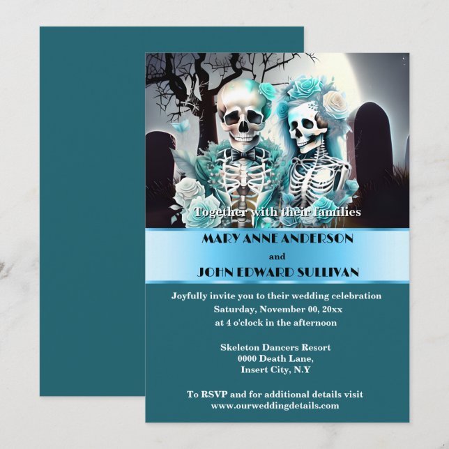 Gothic couple aqua blue skeleton wedding invitation (Front/Back)