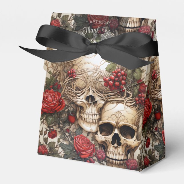 Gothic Cream and Red Skulls Roses Biker Wedding Favour Box (Front Side)