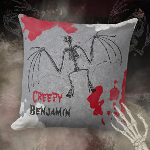 Gothic Creepy Bat Skeleton Halloween Accent Cushion