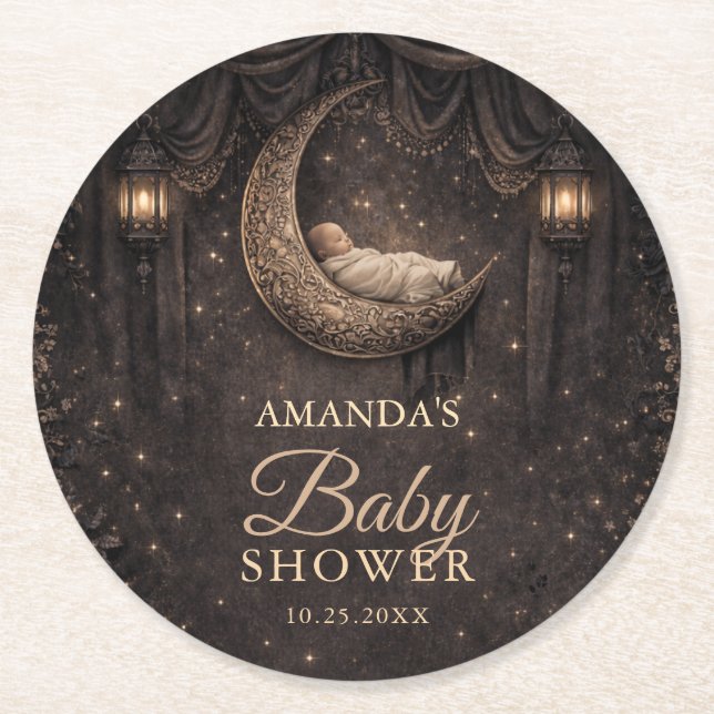 Gothic Crescent Moon Stars Baby Shower Round Paper Coaster (Front)