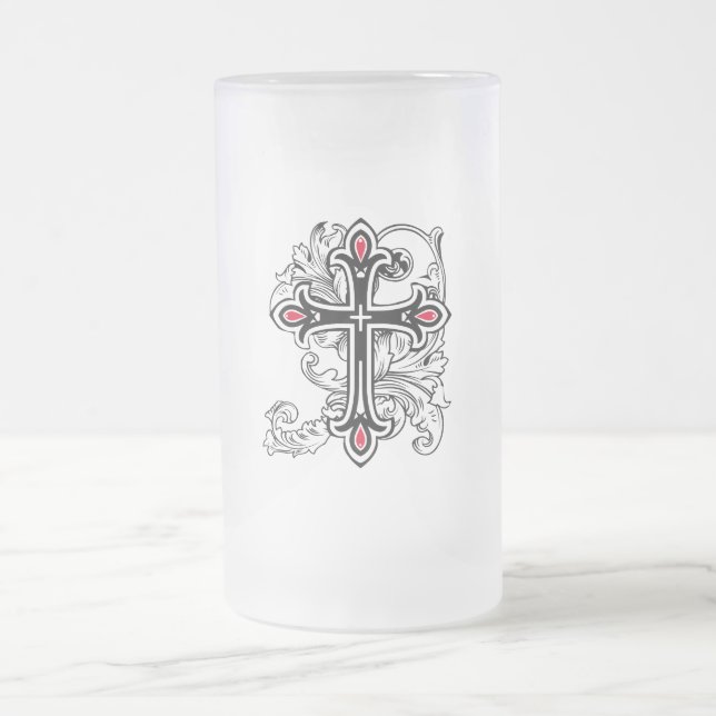 Gothic cross frosted glass beer mug (Center)