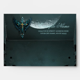 Gothic cross with decorative elements and birds. envelope