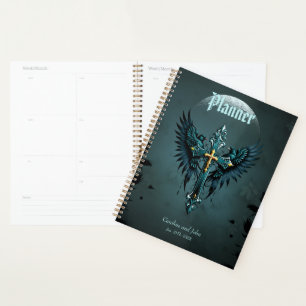 Gothic cross with decorative elements and birds. planner
