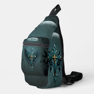 Gothic cross with decorative elements and birds. sling bag
