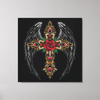 Gothic Cross with Flowers and Wings