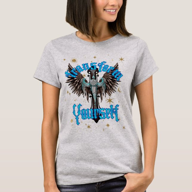 Gothic Cross With Wings Transform Your Soul  T-Shirt (Front)
