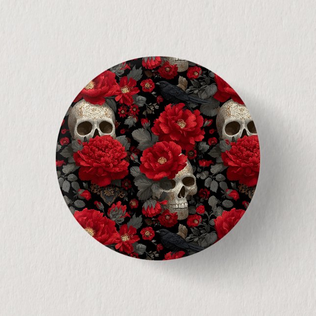 Gothic Crow and Skull Floral Seamless Pattern 3 Cm Round Badge (Front)