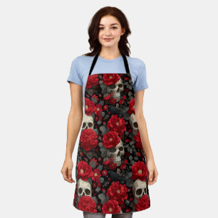 Gothic Crow and Skull Floral Seamless Pattern Apron